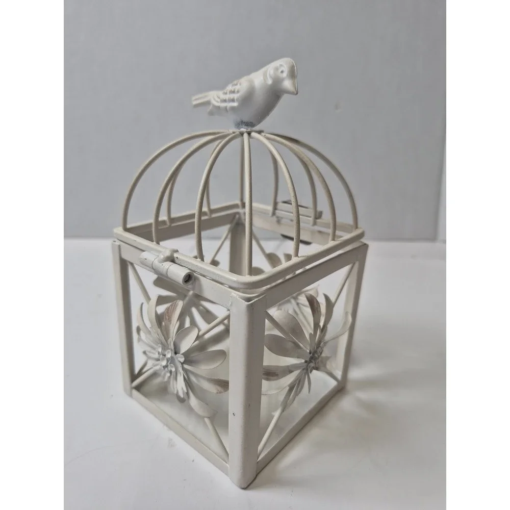 Vintage Shabby Chic White Metal Birdcage Lantern Floral Tea Light Holder 6.5in